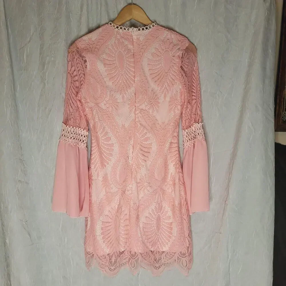 Lace cocktail Dress With Bell Sleeves Size M Coquette Feminine Romantic Boho - Picture 2 of 7